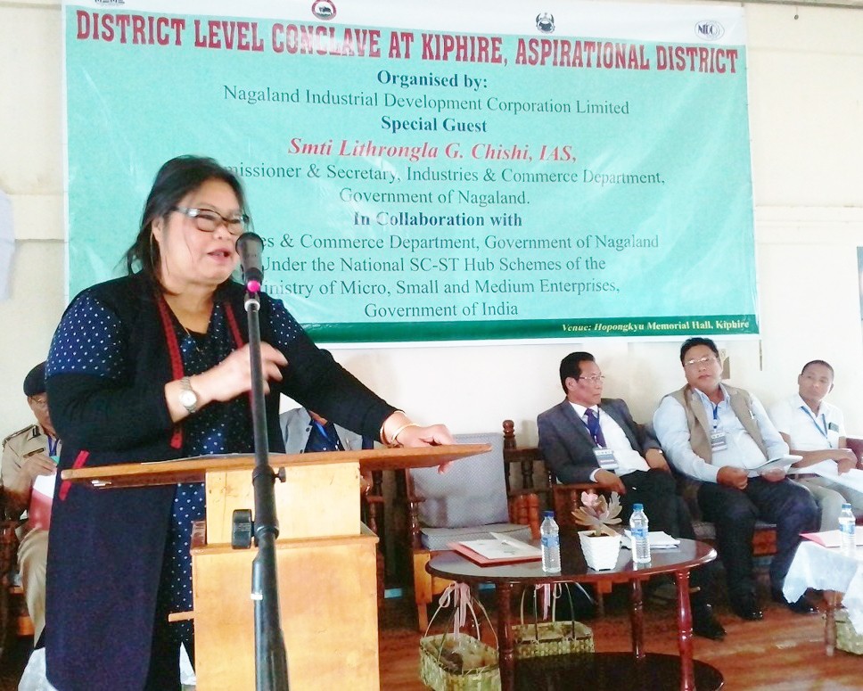 Lithrongla G. Chishi Commissioner & Secretary (I&C) addressing the entrepreneurs at the District Level SC- ST conclave held in Kiphire on March 23. (DIPR Photo)